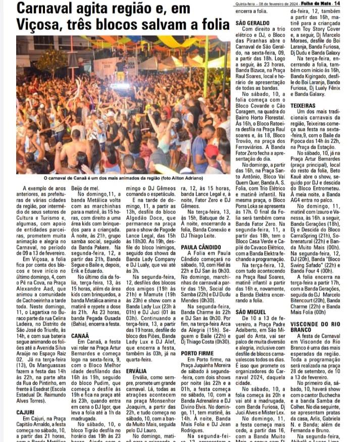 JORNAL FOLHA DA MATA DESTACA O CARNAVAL DE CANAÃ EM SUA EDIÇÃO DESTA QUINTA FEIRA